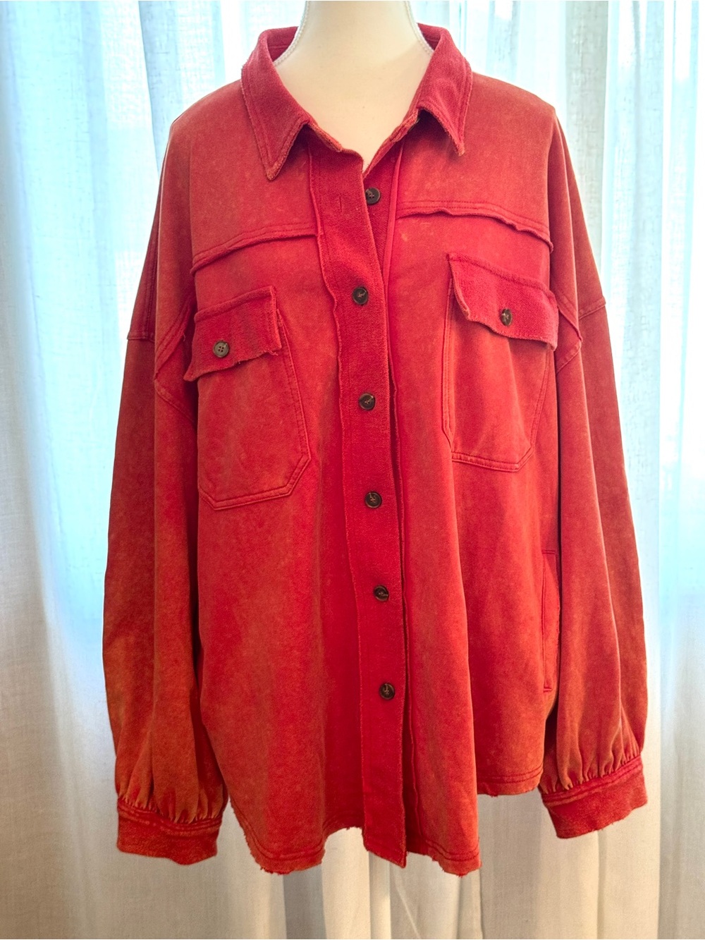 Jaded Gypsy Comfort Top Coral Terracotta Mineral Wash Button Shacket L/XL